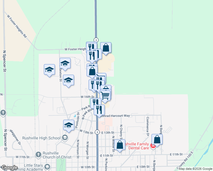 map of restaurants, bars, coffee shops, grocery stores, and more near 215 Aspen Drive in Rushville