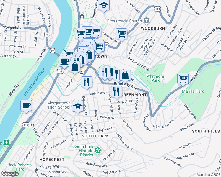 map of restaurants, bars, coffee shops, grocery stores, and more near 427 Clark Street in Morgantown