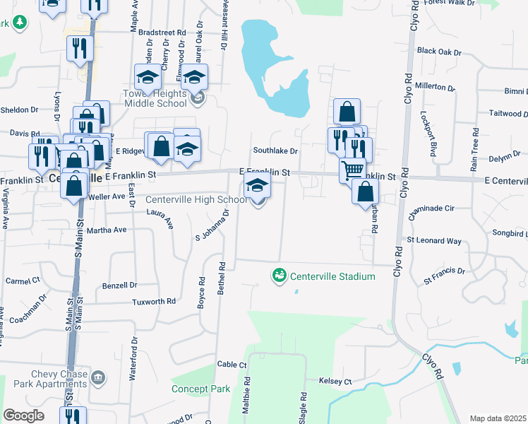 map of restaurants, bars, coffee shops, grocery stores, and more near 500 East Franklin Street in Dayton