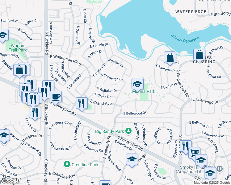 map of restaurants, bars, coffee shops, grocery stores, and more near 17541 East Whitaker Drive in Aurora