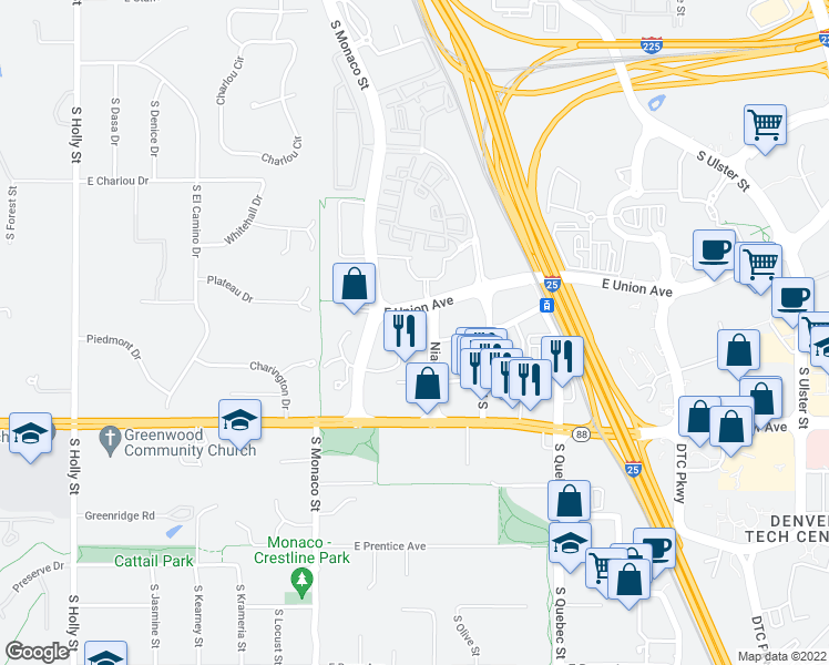 map of restaurants, bars, coffee shops, grocery stores, and more near 4750 South Monaco Street in Denver