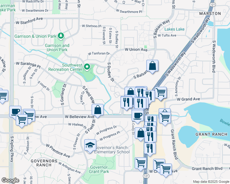 map of restaurants, bars, coffee shops, grocery stores, and more near 4900 South Field Court in Denver