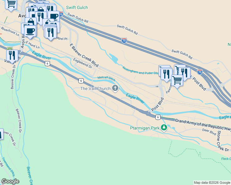 map of restaurants, bars, coffee shops, grocery stores, and more near 39209 U.S. 6 in Avon