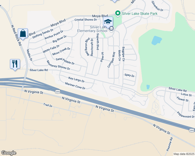 map of restaurants, bars, coffee shops, grocery stores, and more near 7610 Deep Bay Drive in Reno
