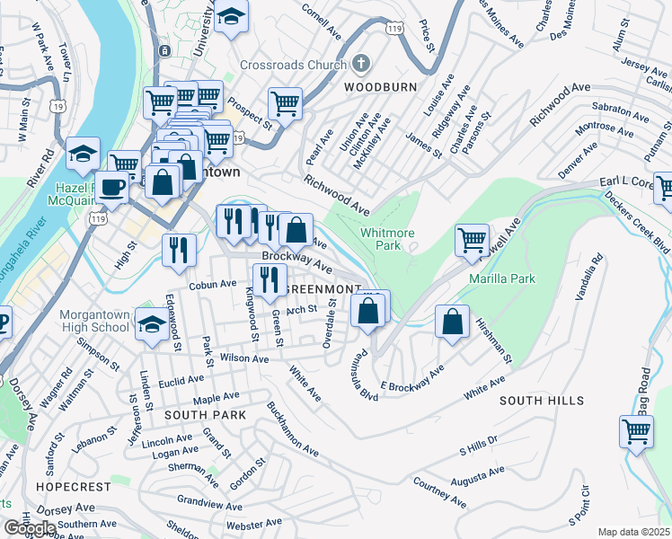 map of restaurants, bars, coffee shops, grocery stores, and more near 573 Brockway Avenue in Morgantown