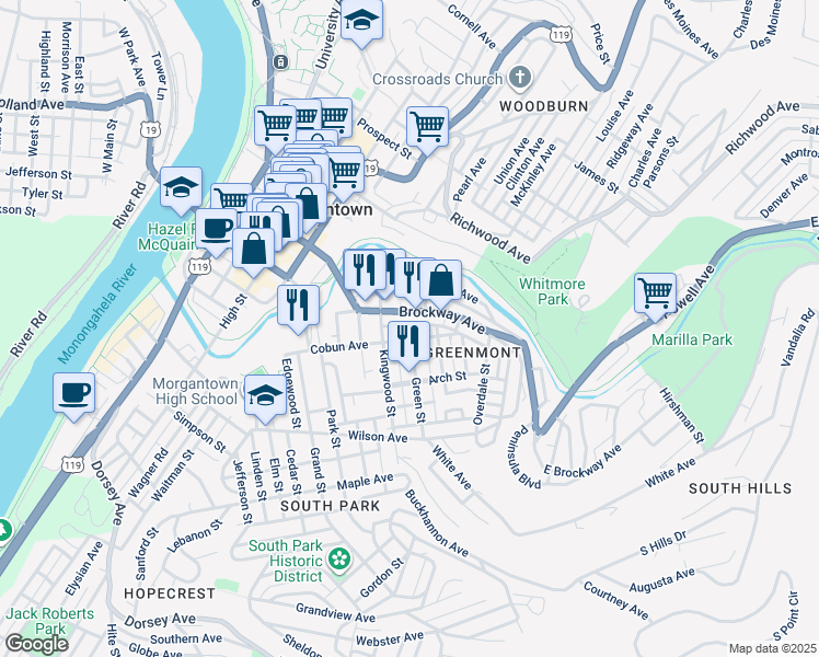 map of restaurants, bars, coffee shops, grocery stores, and more near 427 Clark Street in Morgantown