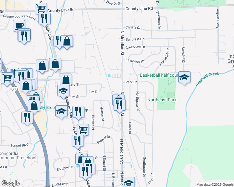 map of restaurants, bars, coffee shops, grocery stores, and more near 88 Keran Manor Court in Greenwood