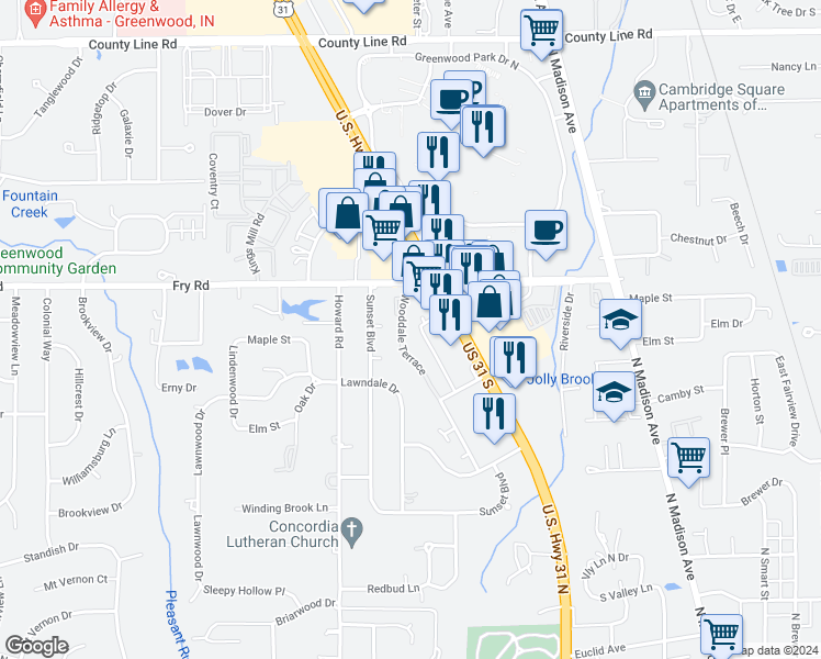 map of restaurants, bars, coffee shops, grocery stores, and more near 765 Wooddale Terrace in Greenwood