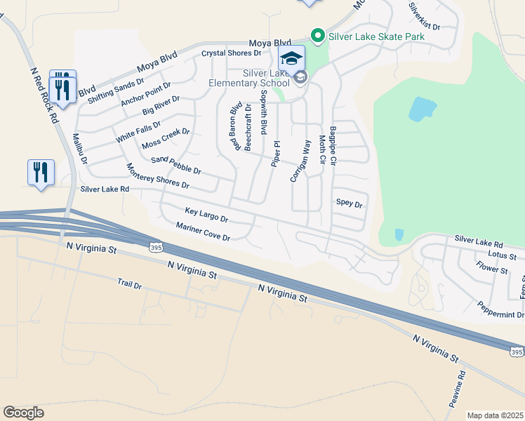 map of restaurants, bars, coffee shops, grocery stores, and more near 7610 Deep Bay Drive in Reno