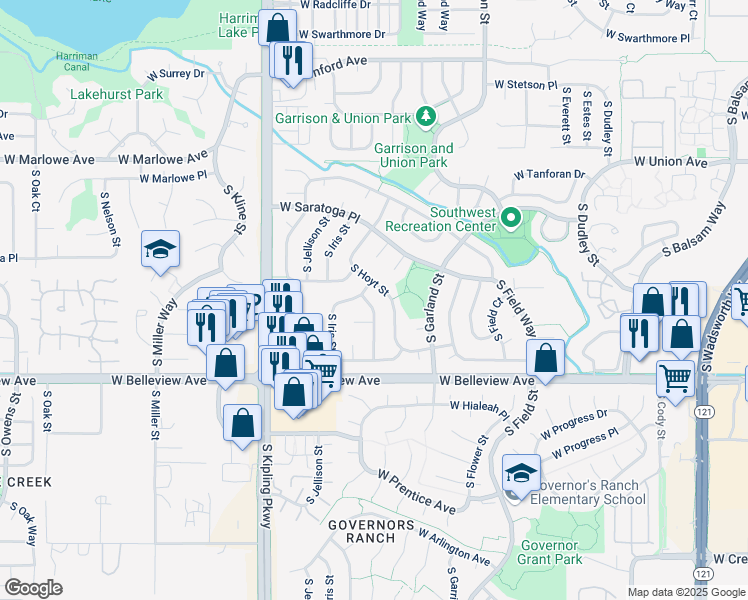 map of restaurants, bars, coffee shops, grocery stores, and more near 4963 South Hoyt Street in Littleton
