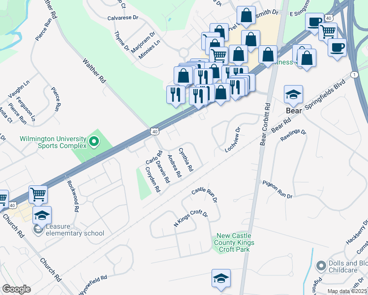 map of restaurants, bars, coffee shops, grocery stores, and more near 10 Cassandra Road in Newark