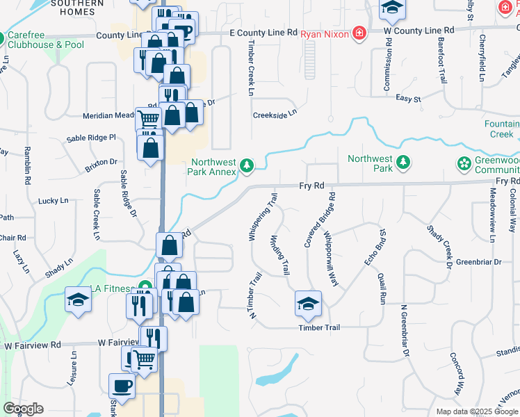 map of restaurants, bars, coffee shops, grocery stores, and more near 762 Whispering Trail in Greenwood