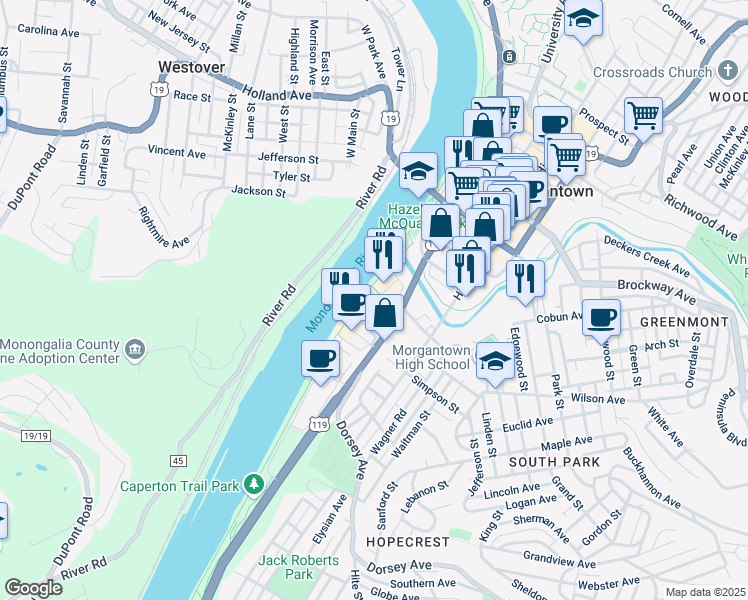 map of restaurants, bars, coffee shops, grocery stores, and more near 156 Clay Street in Morgantown