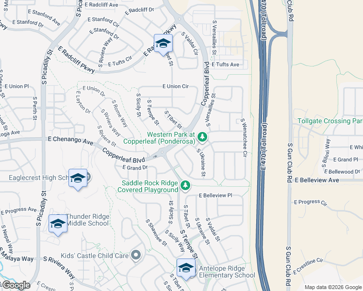 map of restaurants, bars, coffee shops, grocery stores, and more near 22491 East Chenango Drive in Aurora