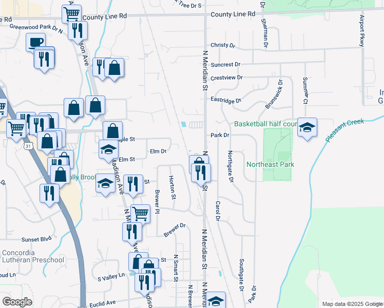 map of restaurants, bars, coffee shops, grocery stores, and more near 88 Keran Manor Court in Greenwood