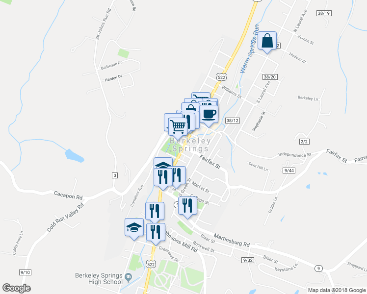 map of restaurants, bars, coffee shops, grocery stores, and more near 15 South Washington Street in Berkeley Springs