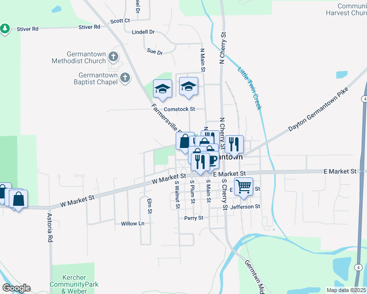map of restaurants, bars, coffee shops, grocery stores, and more near 117 West Warren Street in Germantown