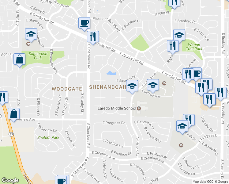 map of restaurants, bars, coffee shops, grocery stores, and more near 15654 E Chenango Ave in Aurora