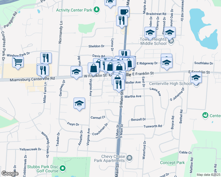 map of restaurants, bars, coffee shops, grocery stores, and more near 60 Country Manor Lane in Centerville