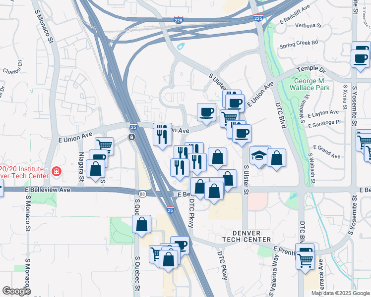 map of restaurants, bars, coffee shops, grocery stores, and more near 4700 South Syracuse Street in Denver