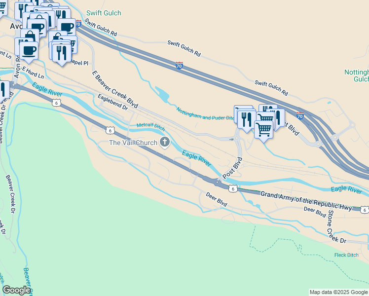 map of restaurants, bars, coffee shops, grocery stores, and more near 4570 Eaglebend Dr in Avon