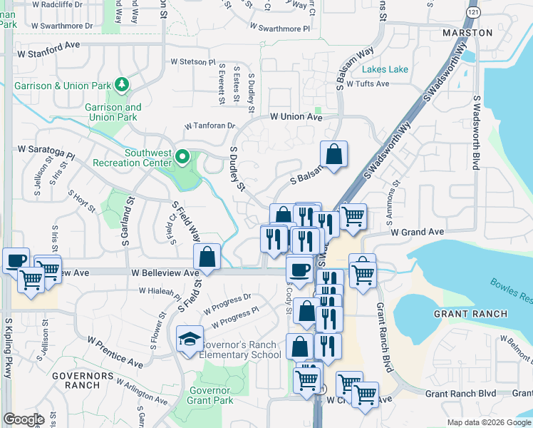 map of restaurants, bars, coffee shops, grocery stores, and more near 4801 South Dudley Street in Denver