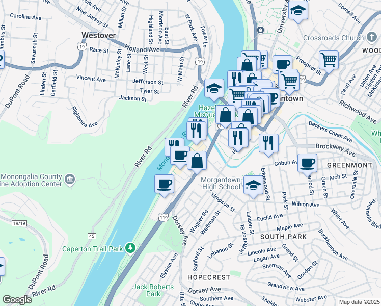 map of restaurants, bars, coffee shops, grocery stores, and more near 114 Clay Street in Morgantown