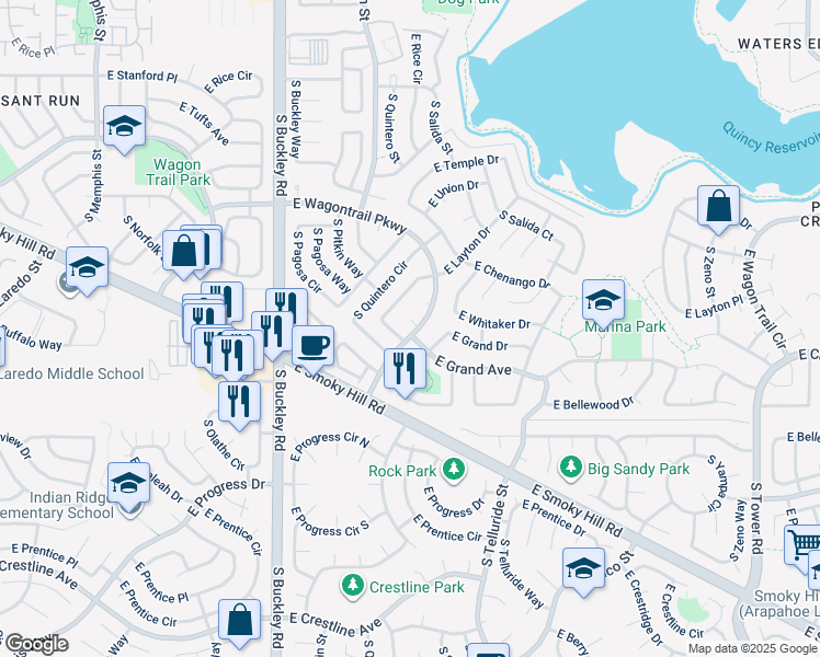 map of restaurants, bars, coffee shops, grocery stores, and more near 17334 East Wagontrail Parkway in Aurora