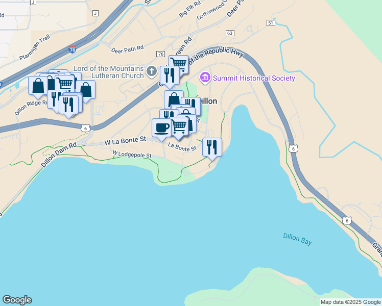 map of restaurants, bars, coffee shops, grocery stores, and more near 160 La Bonte Street in Dillon