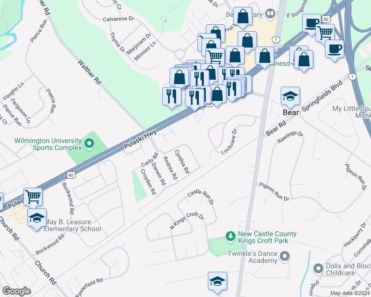map of restaurants, bars, coffee shops, grocery stores, and more near 10 Cassandra Road in Newark