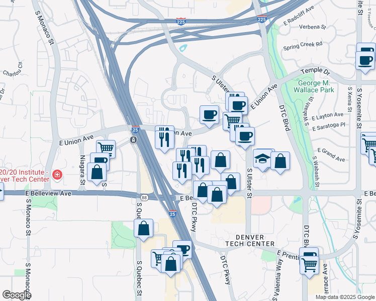 map of restaurants, bars, coffee shops, grocery stores, and more near 7800 East Union Avenue in Denver