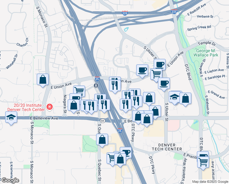 map of restaurants, bars, coffee shops, grocery stores, and more near 4900 DTC Parkway in Denver