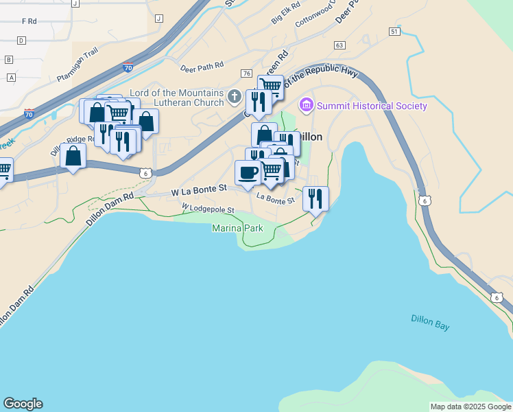 map of restaurants, bars, coffee shops, grocery stores, and more near 112 Lake Dillon Drive in Dillon