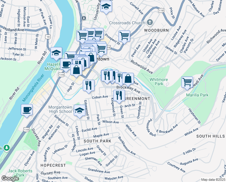 map of restaurants, bars, coffee shops, grocery stores, and more near 427 Clark Street in Morgantown