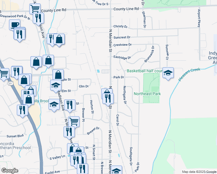 map of restaurants, bars, coffee shops, grocery stores, and more near 603 North Meridian Street in Greenwood