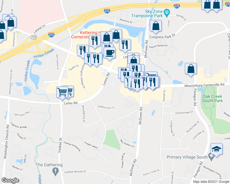 map of restaurants, bars, coffee shops, grocery stores, and more near 1047 Cambridge Station Road in Dayton