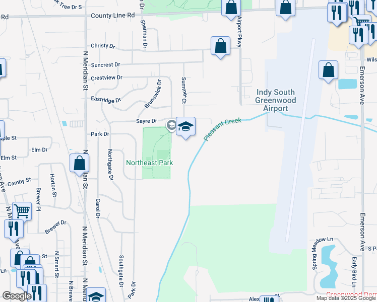 map of restaurants, bars, coffee shops, grocery stores, and more near 99 Crestview Drive in Greenwood