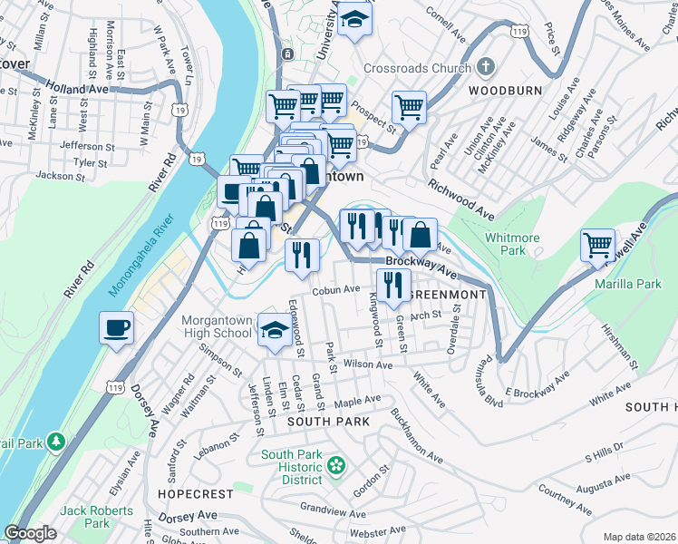 map of restaurants, bars, coffee shops, grocery stores, and more near 115 Maryland Street in Morgantown