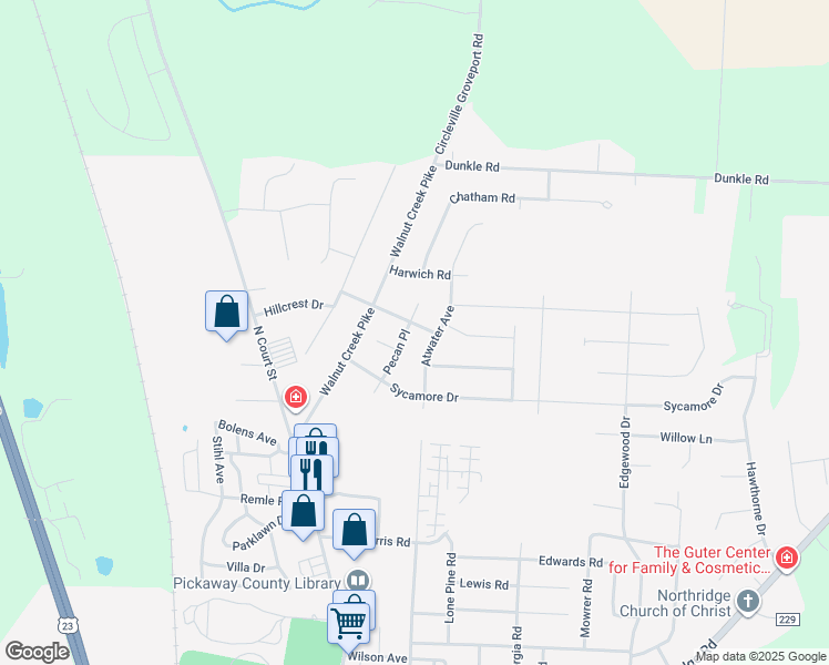 map of restaurants, bars, coffee shops, grocery stores, and more near 445 Hillcrest Drive in Circleville
