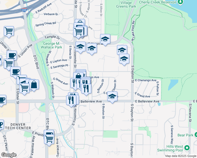 map of restaurants, bars, coffee shops, grocery stores, and more near 4950 South Beeler Street in Greenwood Village