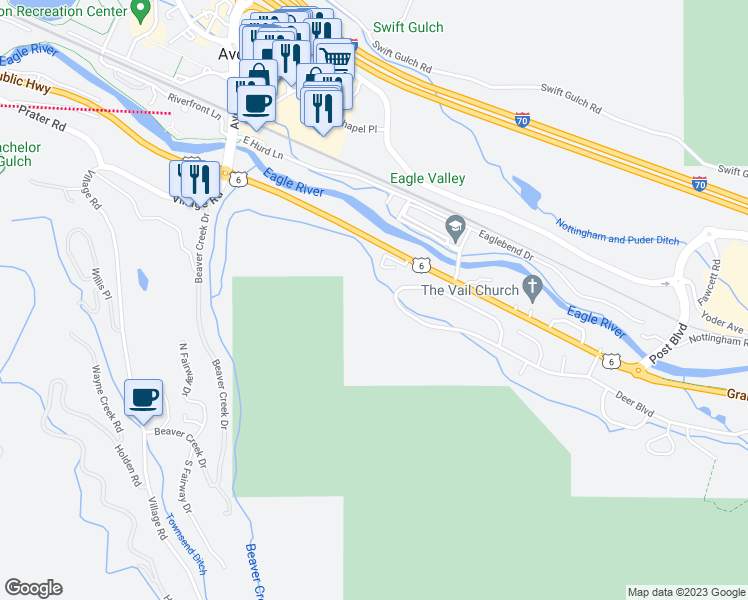 map of restaurants, bars, coffee shops, grocery stores, and more near 1414 Deer Blvd in Avon