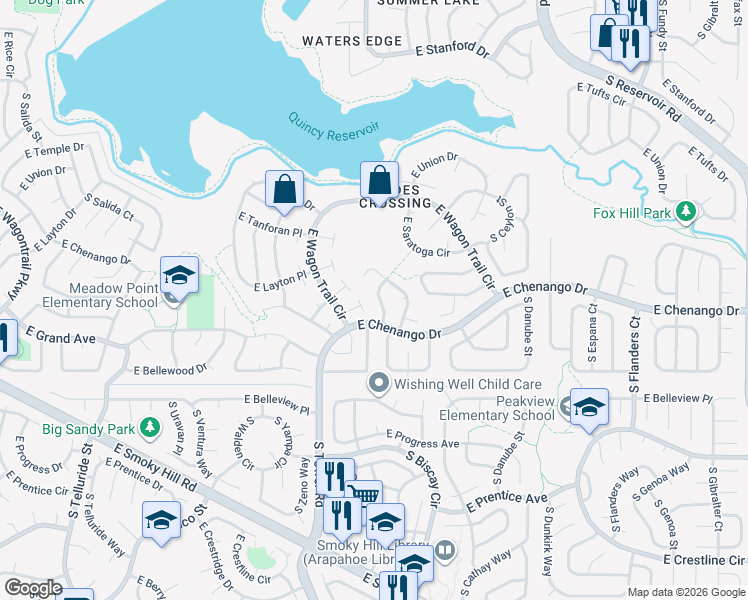 map of restaurants, bars, coffee shops, grocery stores, and more near 4877 South Argonne Street in Aurora