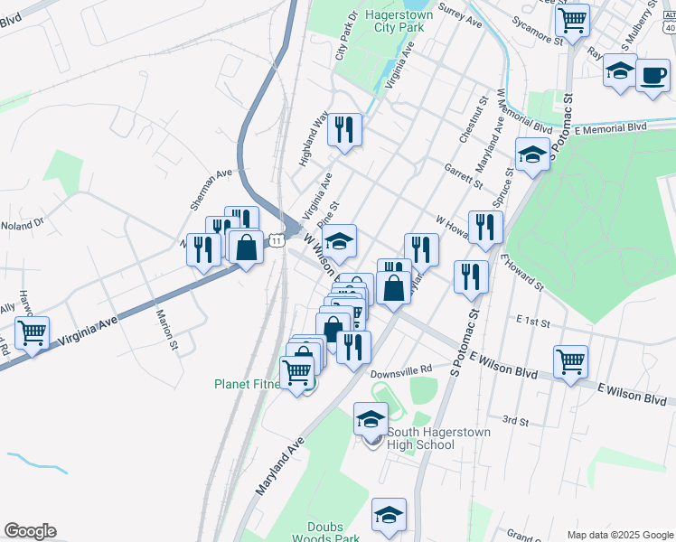 map of restaurants, bars, coffee shops, grocery stores, and more near 416 West Wilson Boulevard in Hagerstown
