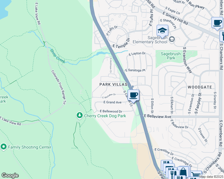 map of restaurants, bars, coffee shops, grocery stores, and more near 13990 East Chenango Drive in Aurora