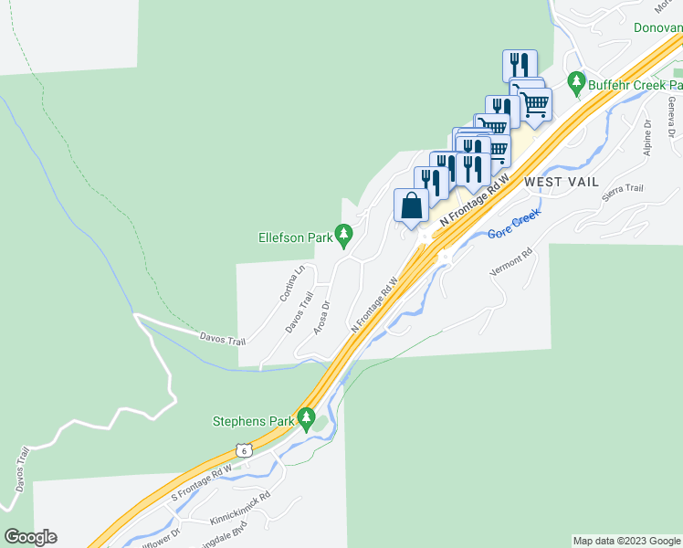 map of restaurants, bars, coffee shops, grocery stores, and more near 2516 Arosa Dr in Vail