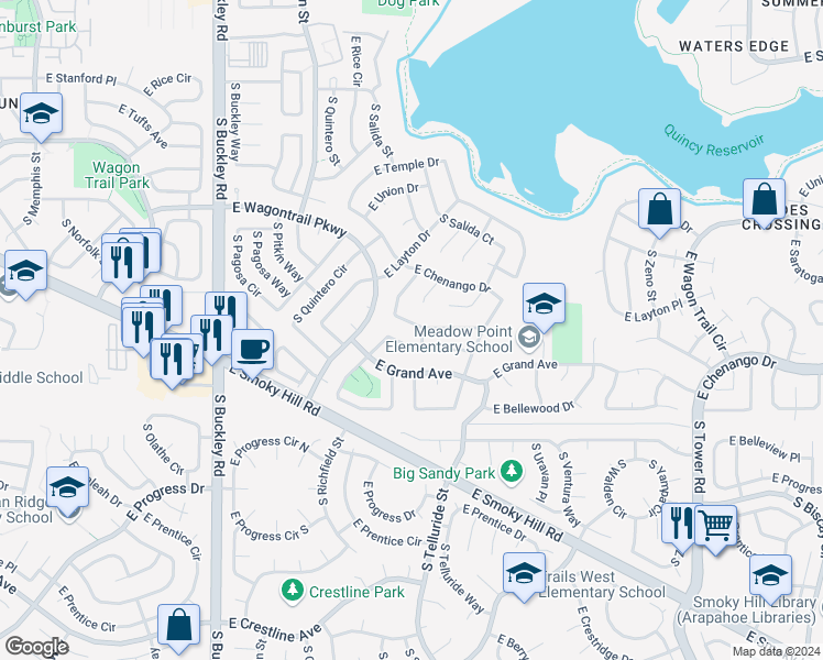 map of restaurants, bars, coffee shops, grocery stores, and more near 17490 East Whitaker Drive in Aurora