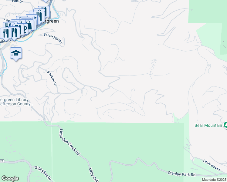 map of restaurants, bars, coffee shops, grocery stores, and more near 26986 Fern Gulch Road in Evergreen