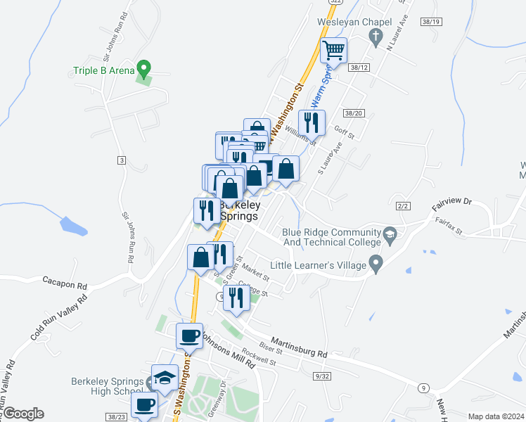 map of restaurants, bars, coffee shops, grocery stores, and more near 45 North Green Street in Berkeley Springs