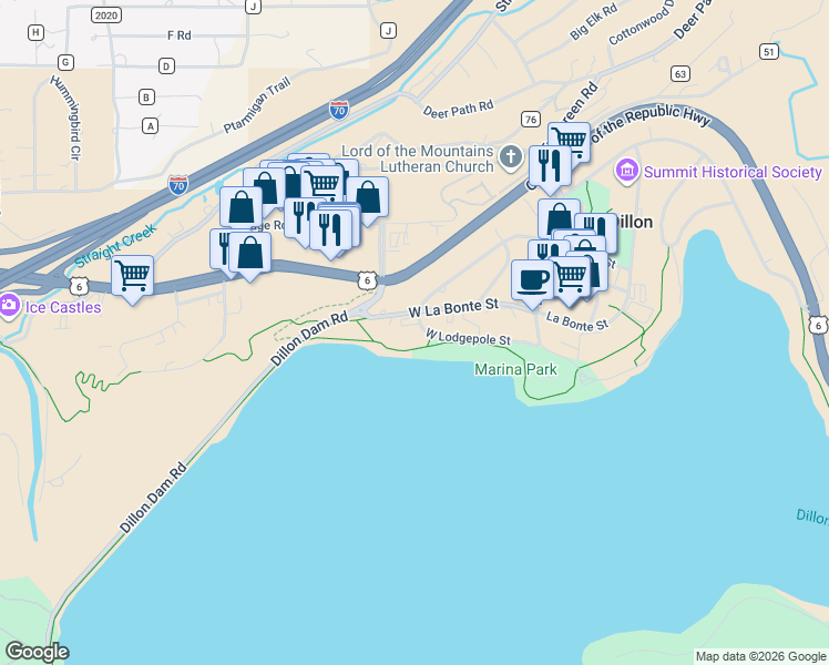map of restaurants, bars, coffee shops, grocery stores, and more near 401 Lodgepole Street in Dillon