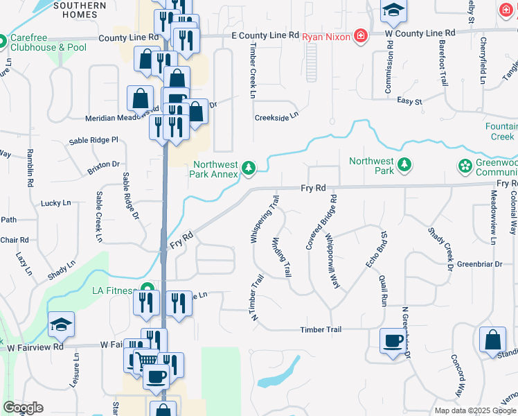 map of restaurants, bars, coffee shops, grocery stores, and more near 762 Whispering Trail in Greenwood